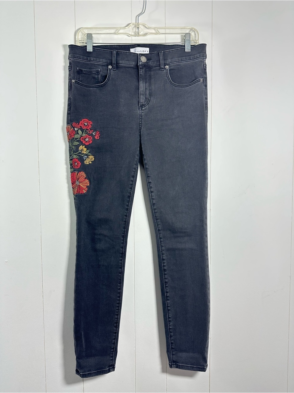 Loft Modern Skinny Floral Embroidered Ankle Denim Jeans Women Sz 29/8 Dark Gray